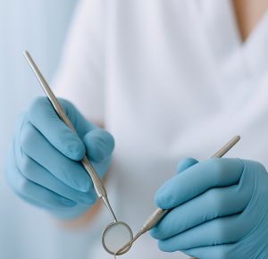 A close-up of the hands of a dental professional who is holding a mirror and a dental probe.