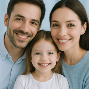 A family of three smiling
